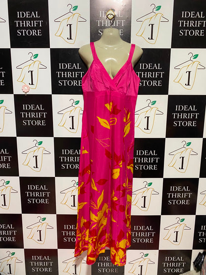 DEBUT |M| BUST 17| A12| WOMEN'S VIBRANT PINK & YELLOW FLORAL PRINT SILK MAXI SLIP DRESS