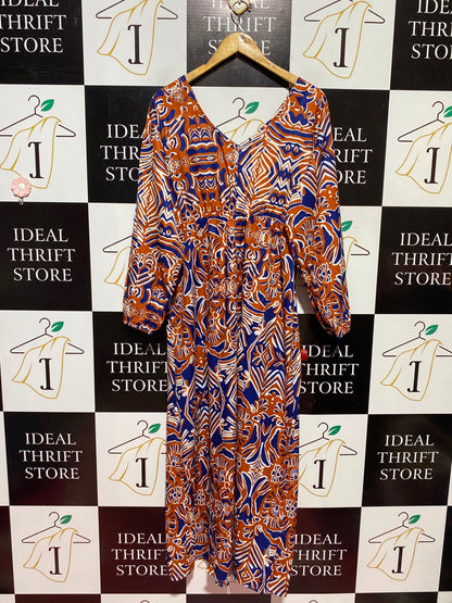 |XL| BUST 19| A12| WOMEN’S RUST ORANGE & BLUE ABSTRACT GEOMETRIC MAXI DRESS