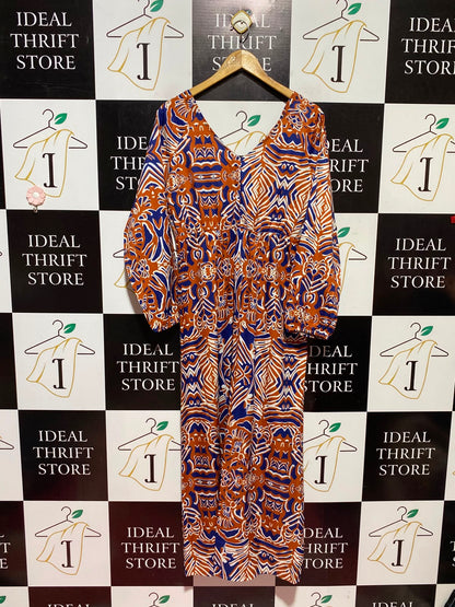 |XL| BUST 19| A12| WOMEN’S RUST ORANGE & BLUE ABSTRACT GEOMETRIC MAXI DRESS
