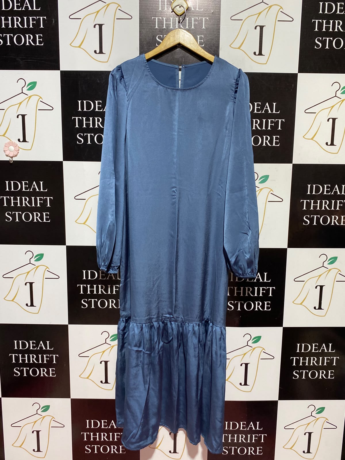 SHEIN |L| BUST 22| A12| WOMEN'S SOLID SLATE BLUE SATIN DROP-WAIST MAXI DRESS