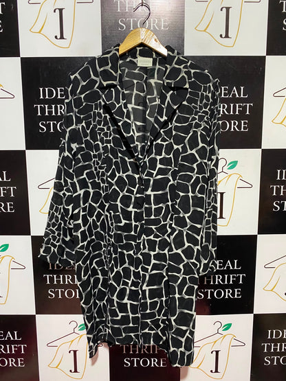 CANDA |XL| BUST 24| A12| WOMEN'S MONOCHROME GIRAFFE GEOMETRIC PRINT BUTTON-DOWN TUNIC SHIRT DRESS