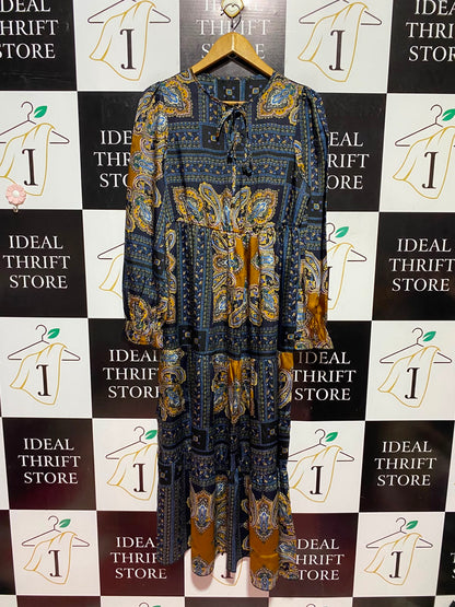 |L| BUST 19| A12| WOMEN'S VINTAGE PAISLEY PRINT TIE-NECK TIERED MAXI DRESS