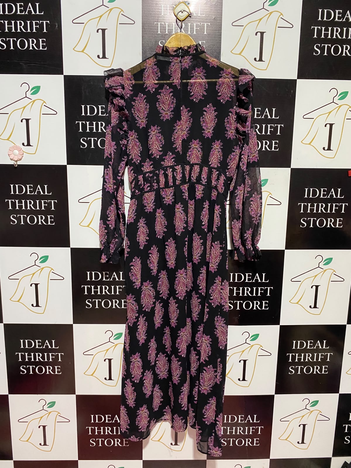 MNG |L| BUST 18| A12| WOMEN'S BLACK & PINK PAISLEY RUFFLED MOCK NECK MAXI DRESS