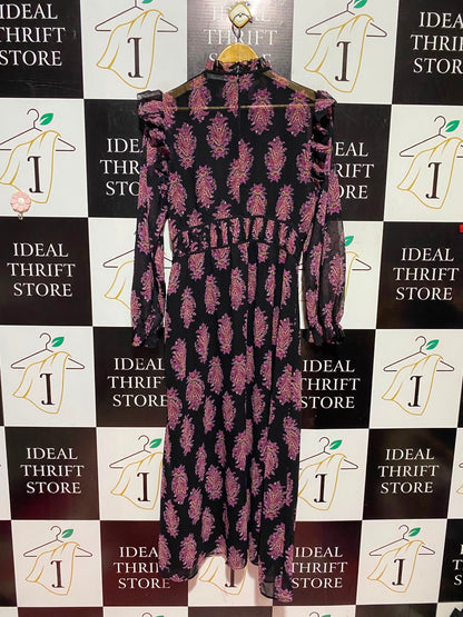 MNG |L| BUST 18| A12| WOMEN'S BLACK & PINK PAISLEY RUFFLED MOCK NECK MAXI DRESS