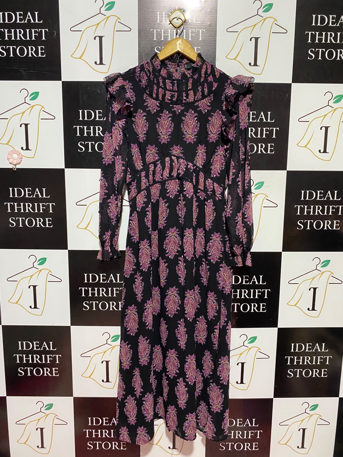MNG |L| BUST 18| A12| WOMEN'S BLACK & PINK PAISLEY RUFFLED MOCK NECK MAXI DRESS