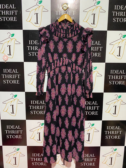 MNG |L| BUST 18| A12| WOMEN'S BLACK & PINK PAISLEY RUFFLED MOCK NECK MAXI DRESS