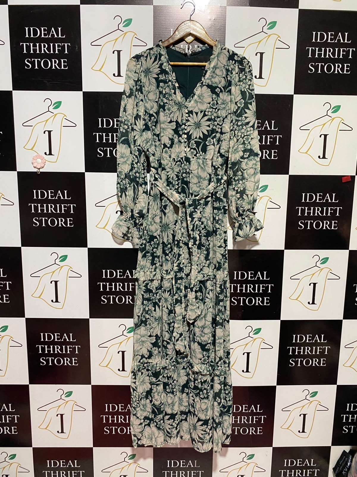 PHASE EIGHT |M| BUST 17| A12| WOMEN'S EMERALD GREEN & CREAM FLORAL TIERED BELTED MAXI DRESS