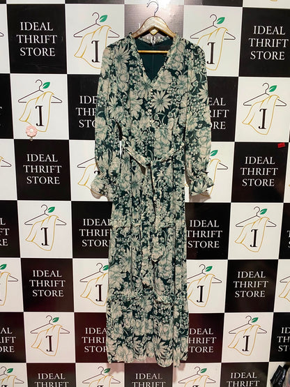 PHASE EIGHT |M| BUST 17| A12| WOMEN'S EMERALD GREEN & CREAM FLORAL TIERED BELTED MAXI DRESS