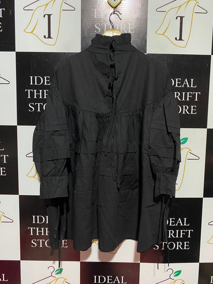 |S| BUST 23| A12| WOMEN'S SOLID BLACK RUFFLE HIGH-NECK PIN-TUCK BABYDALL TUNIC DRESS
