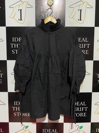 |S| BUST 23| A12| WOMEN'S SOLID BLACK RUFFLE HIGH-NECK PIN-TUCK BABYDALL TUNIC DRESS