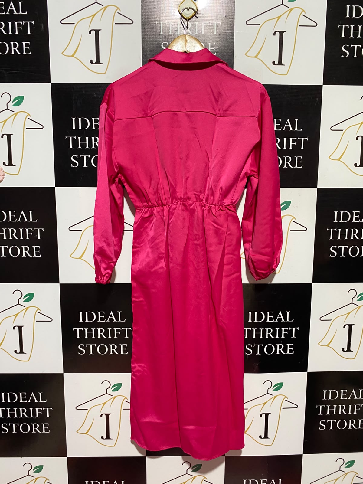 RIVER ISLAND |S| BUST 17| A12| WOMEN'S HOT PINK SATIN FRONT-TIE WRAP SHIRT MAXI DRESS