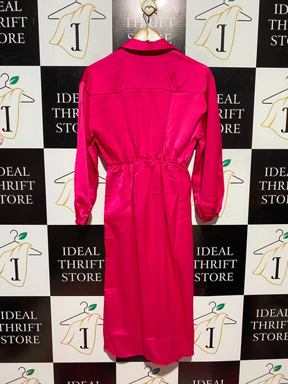RIVER ISLAND |S| BUST 17| A12| WOMEN'S HOT PINK SATIN FRONT-TIE WRAP SHIRT MAXI DRESS