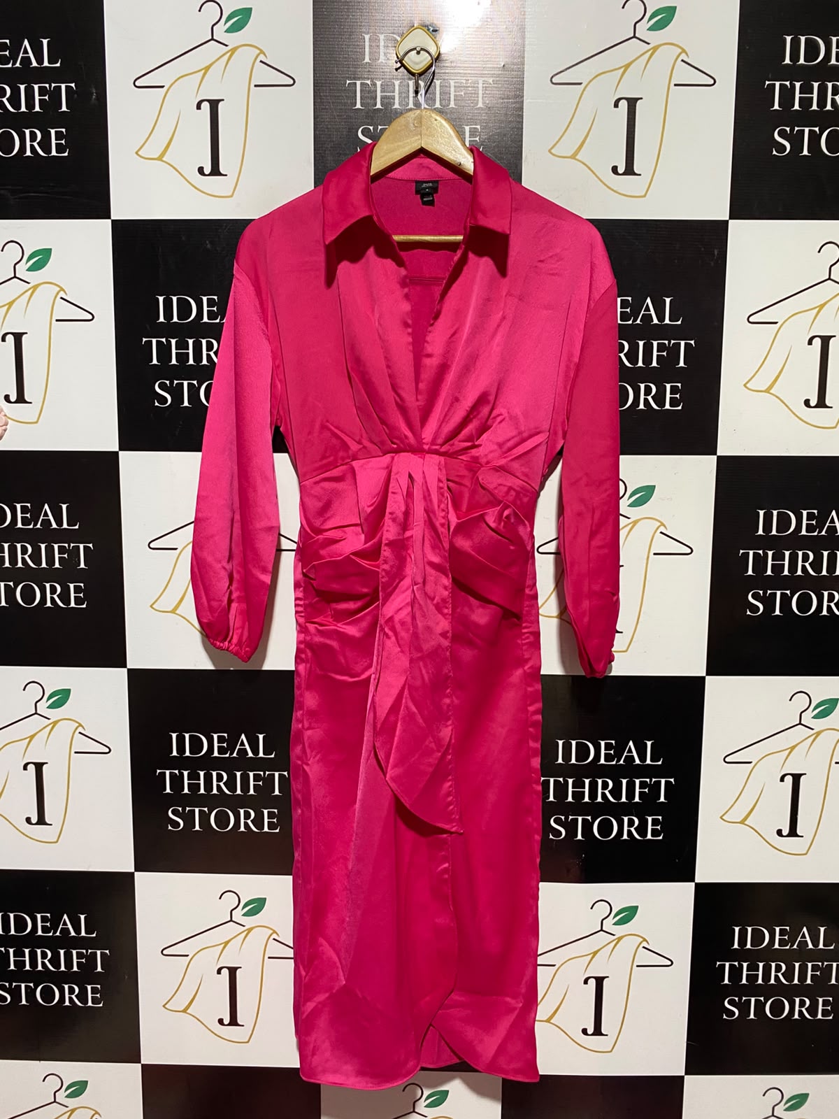RIVER ISLAND |S| BUST 17| A12| WOMEN'S HOT PINK SATIN FRONT-TIE WRAP SHIRT MAXI DRESS