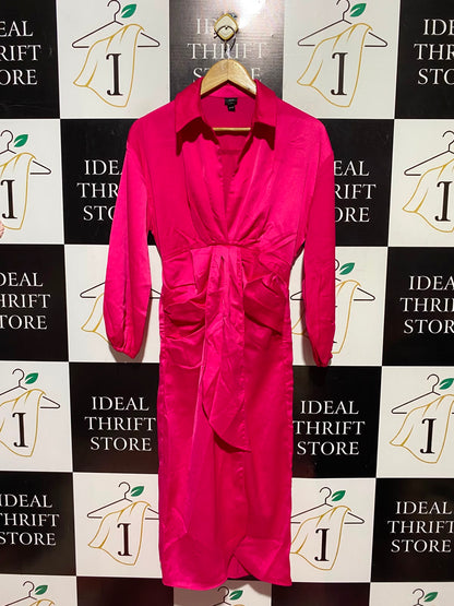 RIVER ISLAND |S| BUST 17| A12| WOMEN'S HOT PINK SATIN FRONT-TIE WRAP SHIRT MAXI DRESS