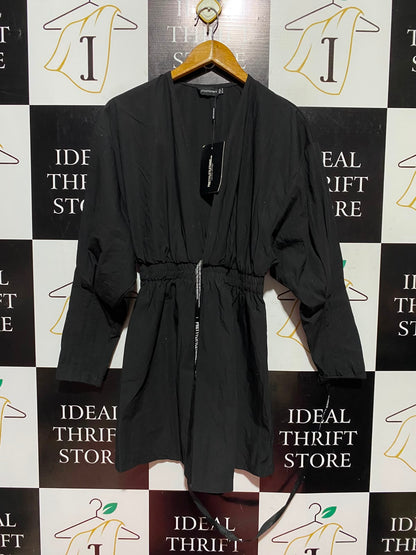 PRETTYLITTLE THING |S| BUST FREE| A12| WOMEN'S SOLID BLACK CINCHED WAIST V-NECK MINI SHIRT DRESS