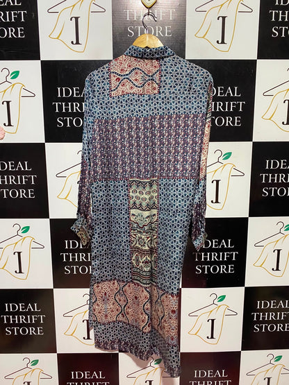 |L| BUST 20| A12| WOMEN'S VINTAGE PATCHWORK PRINT BUTTON-DOWN TUNIC SHIRT DRESS