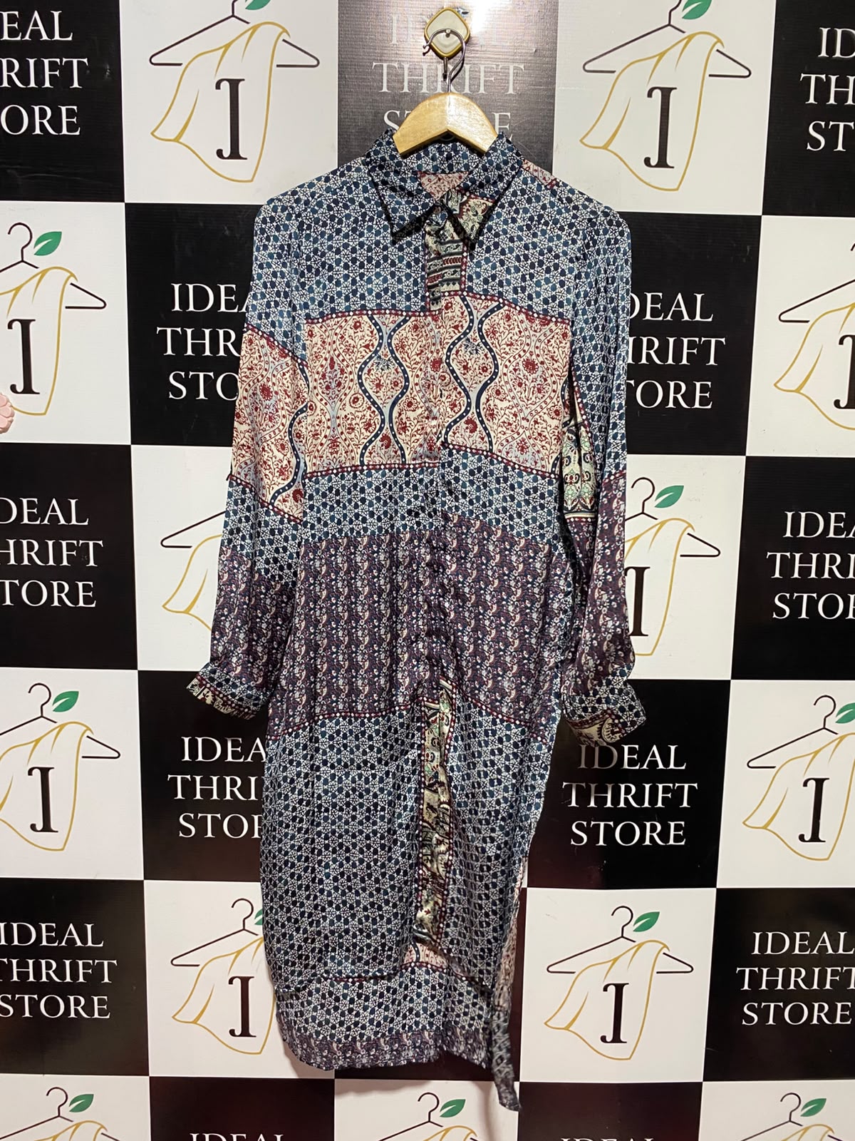 |L| BUST 20| A12| WOMEN'S VINTAGE PATCHWORK PRINT BUTTON-DOWN TUNIC SHIRT DRESS