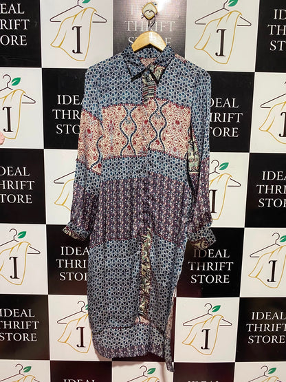 |L| BUST 20| A12| WOMEN'S VINTAGE PATCHWORK PRINT BUTTON-DOWN TUNIC SHIRT DRESS