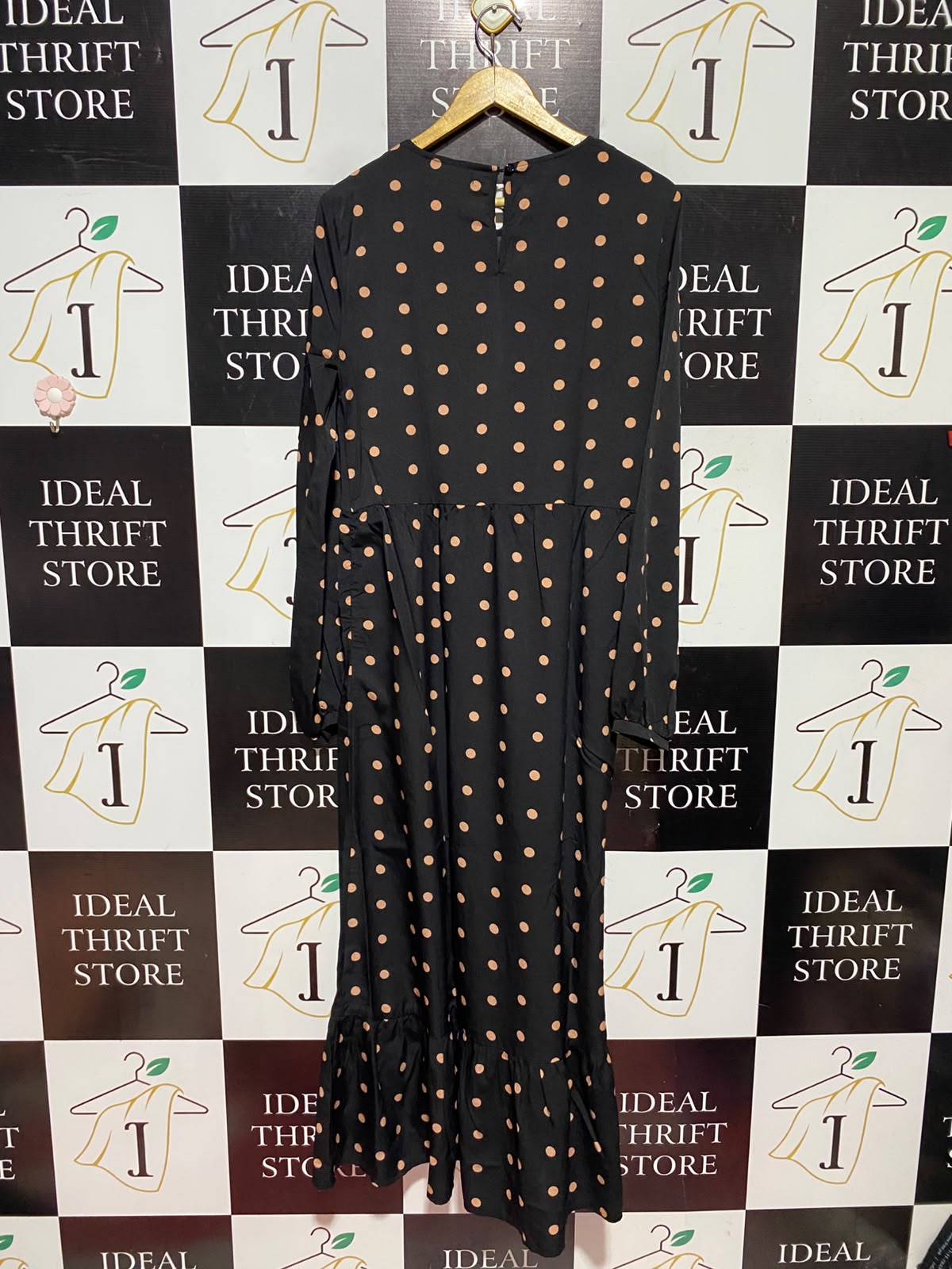 MISSGUIDED |L| BUST 20| A12| WOMEN'S BLACK & BEIGE POLKA DOT LONG SLEEVE RUFFLE HEM MIDI DRESS