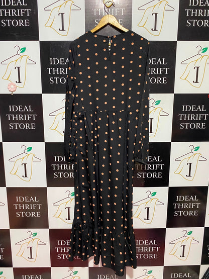 MISSGUIDED |L| BUST 20| A12| WOMEN'S BLACK & BEIGE POLKA DOT LONG SLEEVE RUFFLE HEM MIDI DRESS