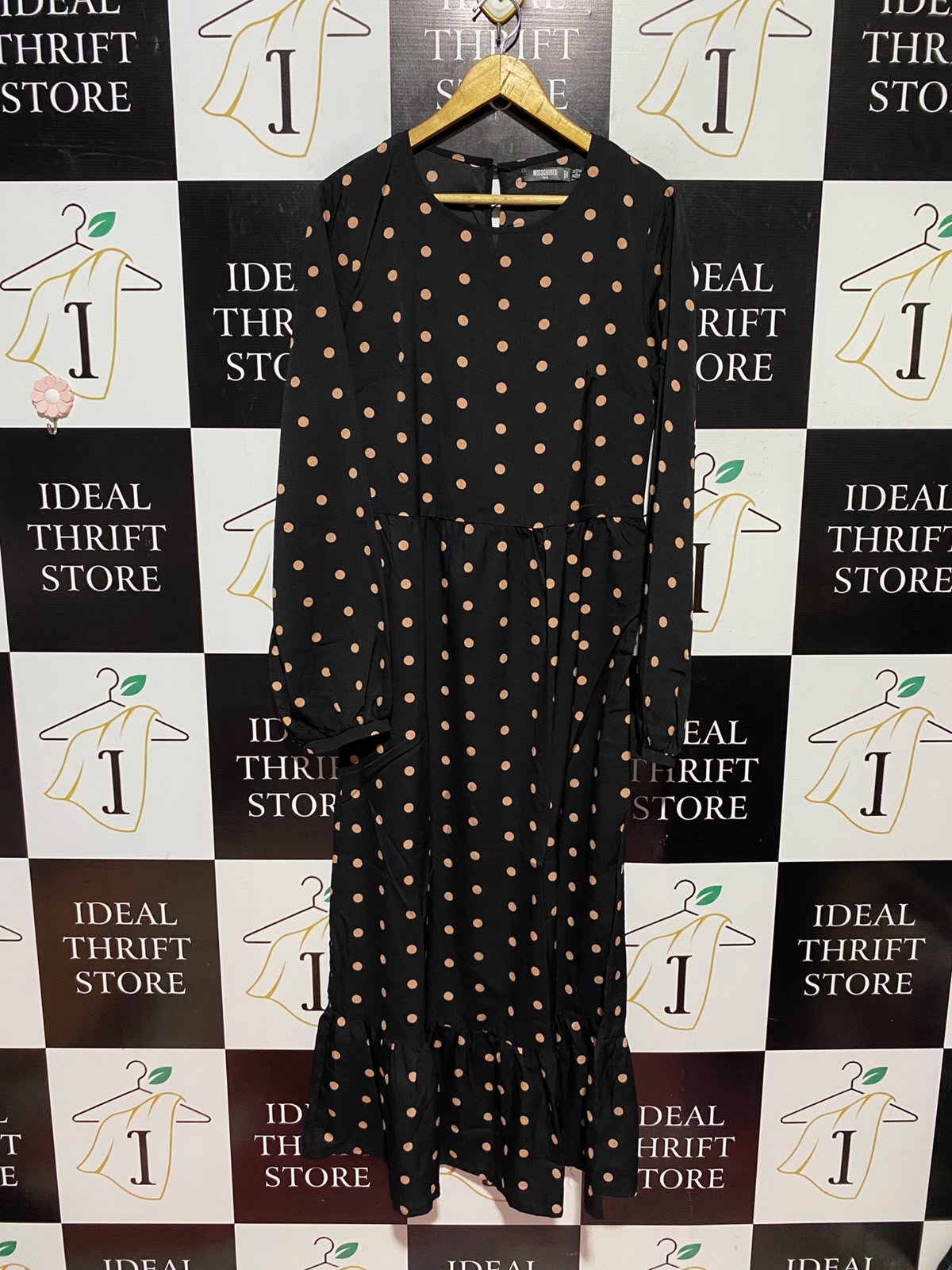 MISSGUIDED |L| BUST 20| A12| WOMEN'S BLACK & BEIGE POLKA DOT LONG SLEEVE RUFFLE HEM MIDI DRESS