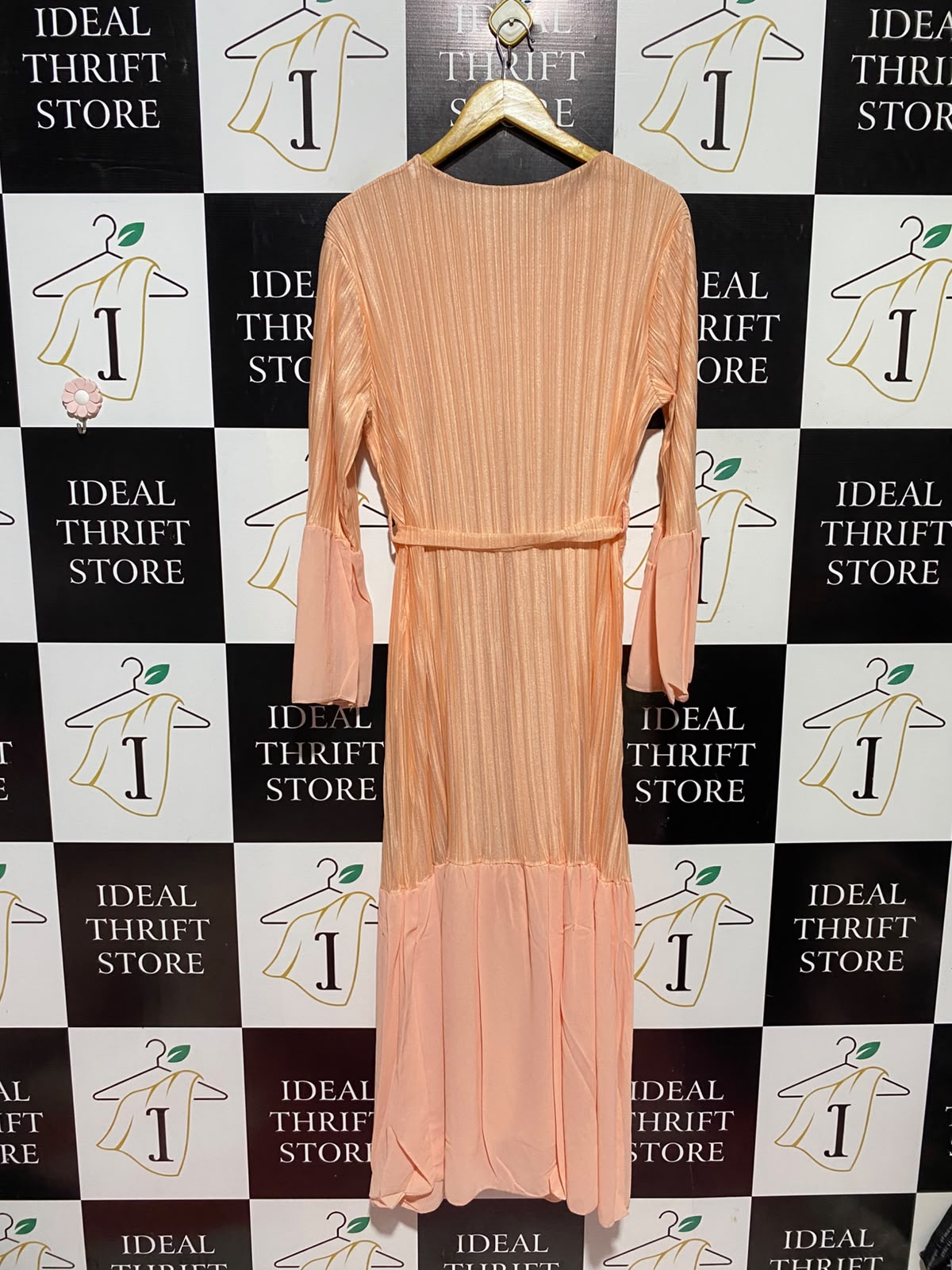 |L| BUST 19| A12| WOMEN'S SOLID PEACH PLEATED BELTED MAXI DRESS WITH CHIFFON ACCENTS