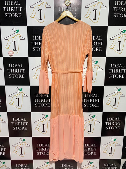 |L| BUST 19| A12| WOMEN'S SOLID PEACH PLEATED BELTED MAXI DRESS WITH CHIFFON ACCENTS