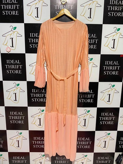 |L| BUST 19| A12| WOMEN'S SOLID PEACH PLEATED BELTED MAXI DRESS WITH CHIFFON ACCENTS