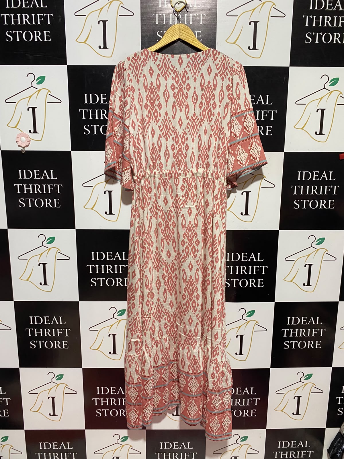 SHEIN |L| BUST 19| A12| WOMEN'S RED & CREAM IKAT PRINT TIE-FRONT BUTTON-DOWN MAXI DRESS