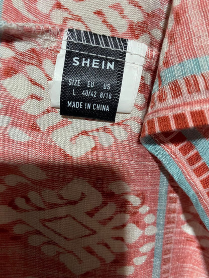 SHEIN |L| BUST 19| A12| WOMEN'S RED & CREAM IKAT PRINT TIE-FRONT BUTTON-DOWN MAXI DRESS