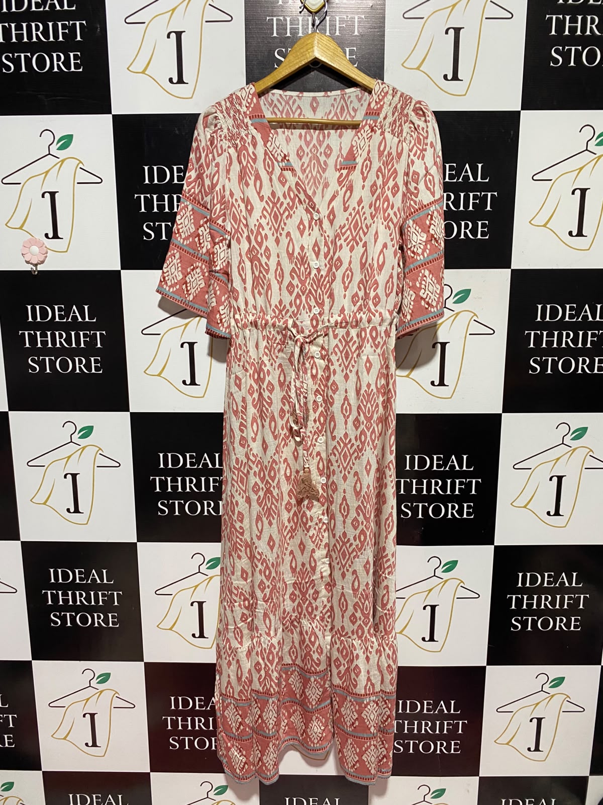 SHEIN |L| BUST 19| A12| WOMEN'S RED & CREAM IKAT PRINT TIE-FRONT BUTTON-DOWN MAXI DRESS
