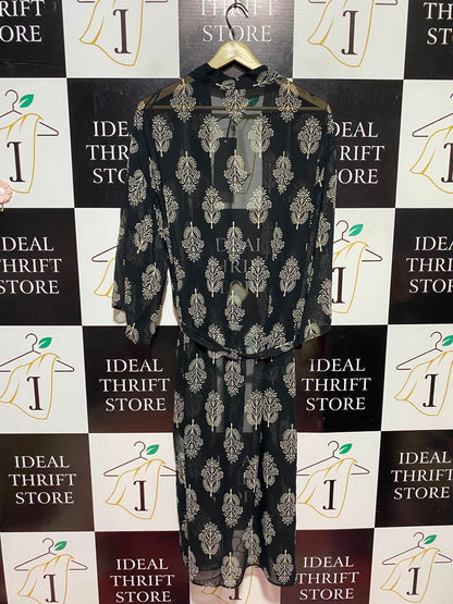 FAME |M/L| BUST 25| A12| WOMEN'S BLACK & CREAM BOTANICAL BLOCK-PRINT SHEER BELTED KIMONO CARDIGAN