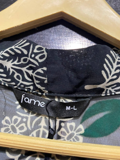 FAME |M/L| BUST 25| A12| WOMEN'S BLACK & CREAM BOTANICAL BLOCK-PRINT SHEER BELTED KIMONO CARDIGAN