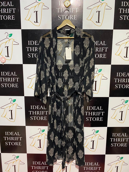 FAME |M/L| BUST 25| A12| WOMEN'S BLACK & CREAM BOTANICAL BLOCK-PRINT SHEER BELTED KIMONO CARDIGAN