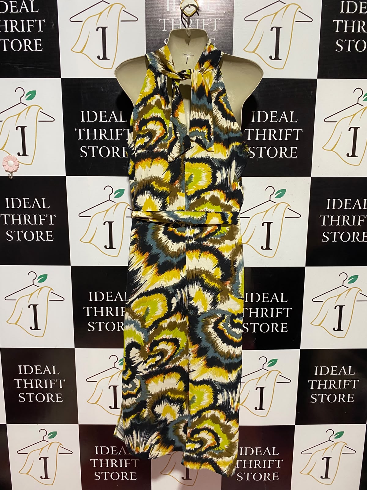 DOROTHY PERKINS |M| BUST 19| A12| WOMEN'S VIBRANT ABSTRACT FEATHER PRINT HALTER NECK BELTED MAXI DRESS