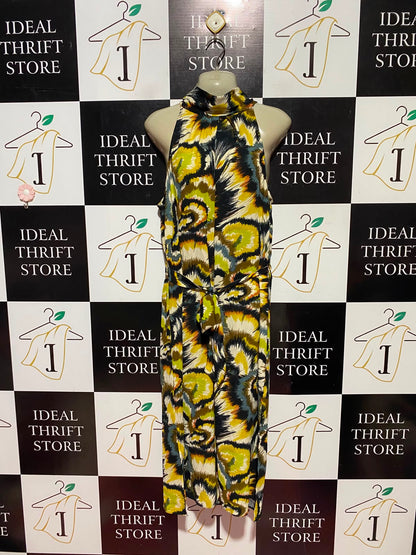 DOROTHY PERKINS |M| BUST 19| A12| WOMEN'S VIBRANT ABSTRACT FEATHER PRINT HALTER NECK BELTED MAXI DRESS