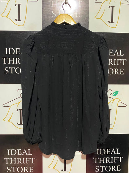 DKNY |L| BUST 21| A12| WOMEN'S BLACK LUREX SHIMMER STRIPE RUFFLE TIE-NECK BUTTON-DOWN BLOUSE