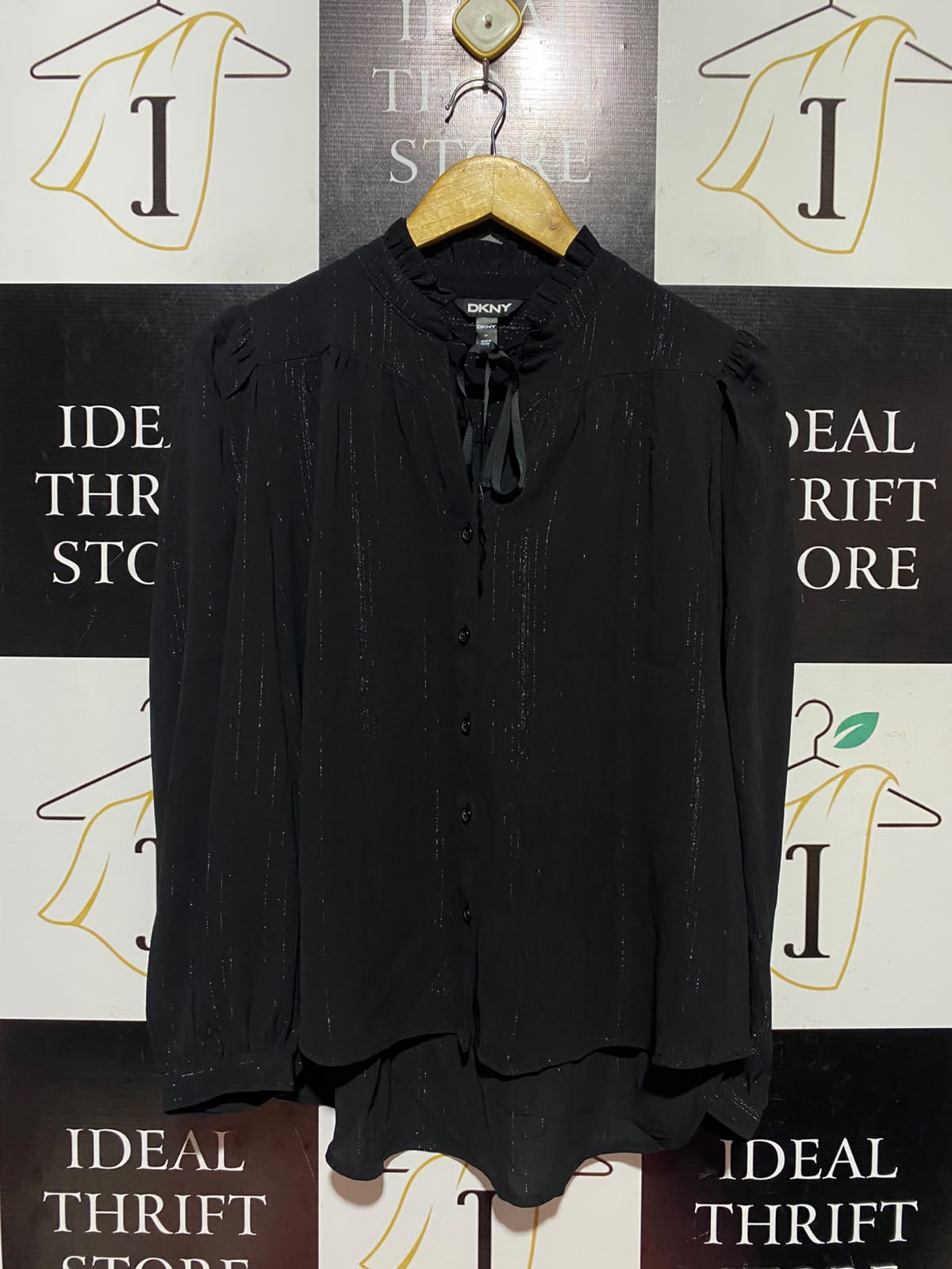 DKNY |L| BUST 21| A12| WOMEN'S BLACK LUREX SHIMMER STRIPE RUFFLE TIE-NECK BUTTON-DOWN BLOUSE