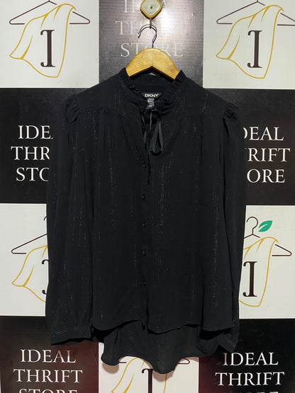 DKNY |L| BUST 21| A12| WOMEN'S BLACK LUREX SHIMMER STRIPE RUFFLE TIE-NECK BUTTON-DOWN BLOUSE