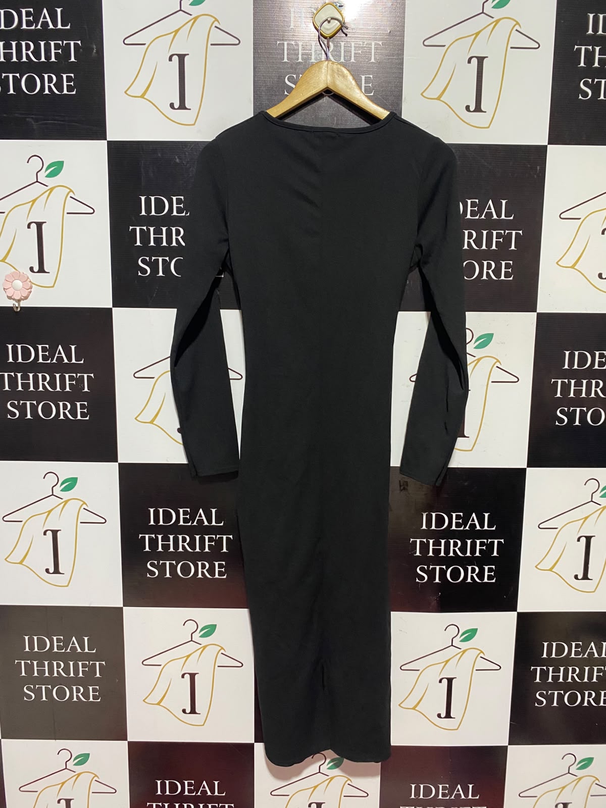 BOOHOO |M| BUST 17| A12| WOMEN'S SOLID BLACK LONG SLEEVE BELTED JERSEY MIDI DRESS