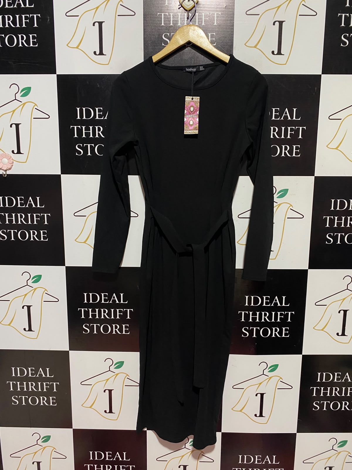 BOOHOO |M| BUST 17| A12| WOMEN'S SOLID BLACK LONG SLEEVE BELTED JERSEY MIDI DRESS