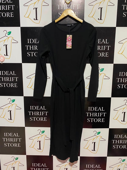 BOOHOO |M| BUST 17| A12| WOMEN'S SOLID BLACK LONG SLEEVE BELTED JERSEY MIDI DRESS
