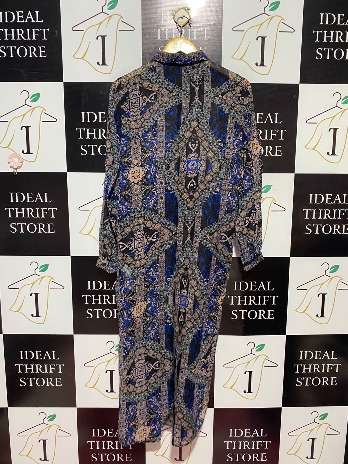 ONLY |L| BUST 19| A11| WOMEN'S NAVY & ROYAL BLUE GEOMETRIC MOSAIC PRINT BUTTON-DOWN SHIRT MAXI DRESS