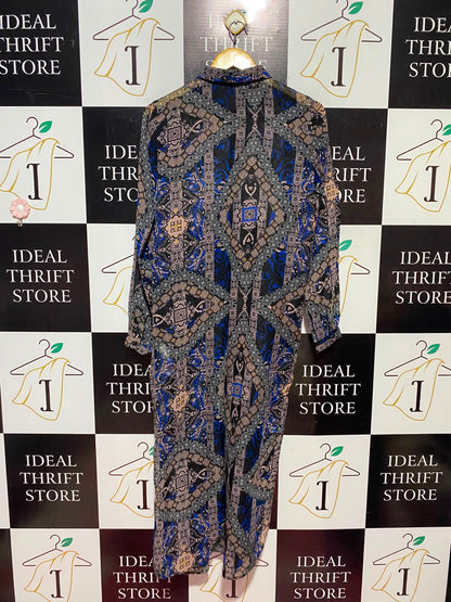 ONLY |L| BUST 19| A11| WOMEN'S NAVY & ROYAL BLUE GEOMETRIC MOSAIC PRINT BUTTON-DOWN SHIRT MAXI DRESS