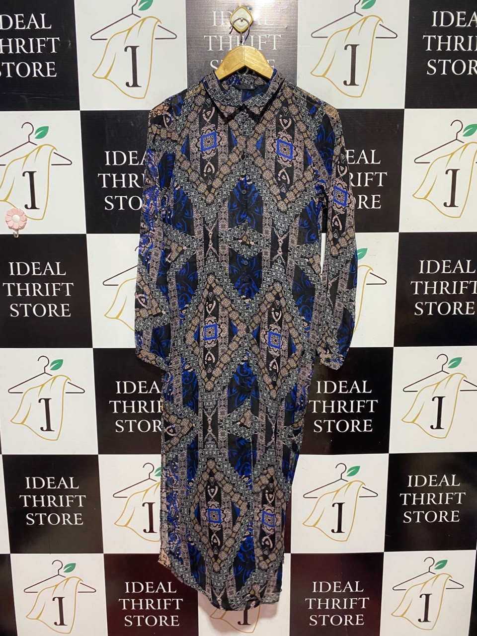 ONLY |L| BUST 19| A11| WOMEN'S NAVY & ROYAL BLUE GEOMETRIC MOSAIC PRINT BUTTON-DOWN SHIRT MAXI DRESS
