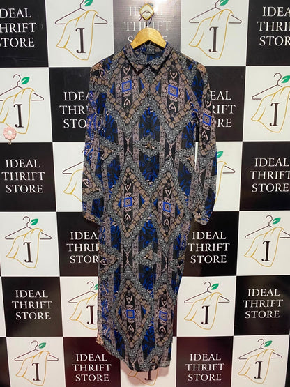 ONLY |L| BUST 19| A11| WOMEN'S NAVY & ROYAL BLUE GEOMETRIC MOSAIC PRINT BUTTON-DOWN SHIRT MAXI DRESS