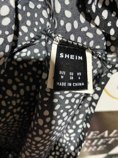 SHEIN |M| BUST 17| A11| WOMEN'S BLACK & WHITE SPECKLED ANIMAL PRINT ELASTIC WAIST MIDI DRESS