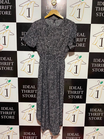 SHEIN |M| BUST 17| A11| WOMEN'S BLACK & WHITE SPECKLED ANIMAL PRINT ELASTIC WAIST MIDI DRESS