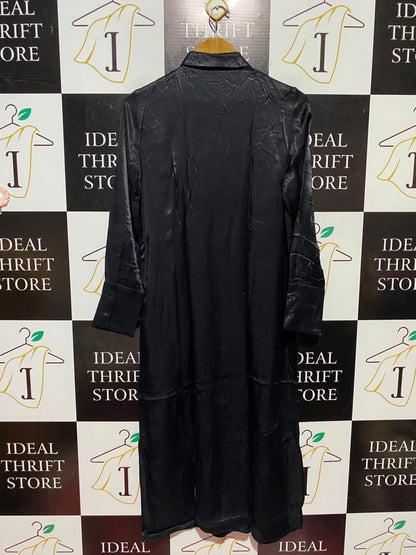 PRIMARK | M| BUST 19| WOMEN'S SOLID BLACK SATIN BUTTON-DOWN MAXI SHIRT DRESSA11|