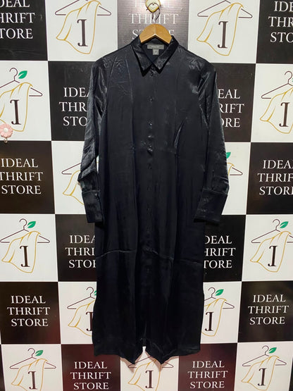 PRIMARK | M| BUST 19| WOMEN'S SOLID BLACK SATIN BUTTON-DOWN MAXI SHIRT DRESSA11|